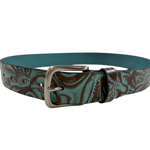Perry‎ Nash Turquoise Brown Tooled Leather Belt Silver Buckle Size Small